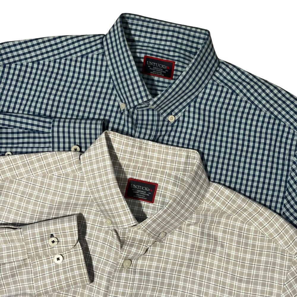 (LOT OF 2) UNTUCKit Shirts Mens Medium Blue Gray Plaid Slim Fit Long Sleeve